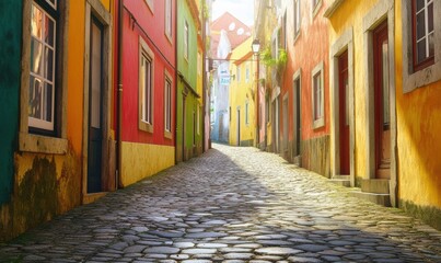 Fototapeta premium Narrow cobblestone street in a colorful historic town, vivid buildings on either side and soft sunlight creating a charming atmospher.
