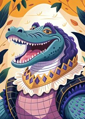 Majestic Colorful Alligator Portrait Royal Accessories Vibrant Expression Nature Background