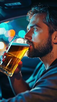 A drunk driver was stopped by the police.  A drunk driver who is sipping beer.  Driving while intoxicated