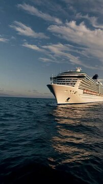 Static wide shot, Majestic cruise ship cutting through calm azure waters, wispy clouds above, warm golden hues, soft, natural light, atmosphere of luxury and wanderlust. Vertical video backgrounds
