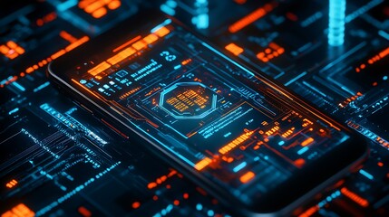 Obraz premium Futuristic smartphone displaying a digital circuit board interface.