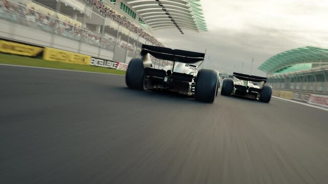 Dynamic high speed drone shot passing generic formula one race cars racing along the homestretch over the finish line. 3d animation rendering. New 2025 black and gold race car design