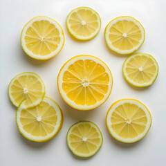 Fototapeta premium Top view sliced and full fresh lemon sour and juicy on white citrus fruit tropical juice