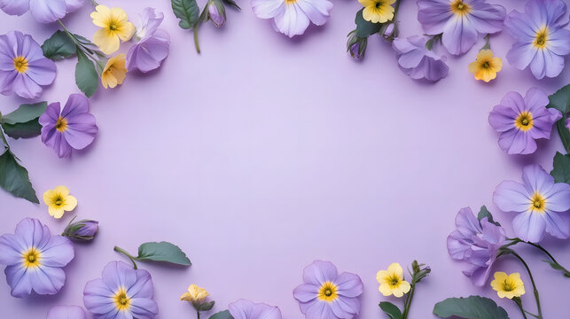 violet & yellow spring primrose flowers frame isolated over purple background; empty middle; blank copy space