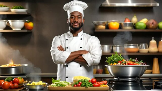 Confident Black Chef in a Professional Kitchen Setting