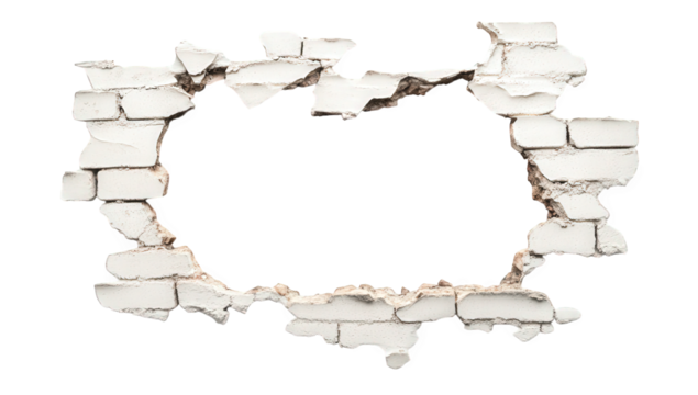 a damaged wall with a large hole revealing a blank interior space suggesting themes of disruption or potential