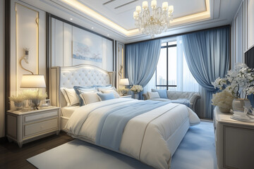bedroom in hotel with blue fabric