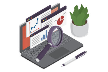 Concept with laptop computer, charts diagrams, graphs. Tools for data analysis, statistical or financial analytics. Isometric vector illustration on white background