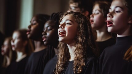 Fototapeta premium A choir of young people are singing together in harmony