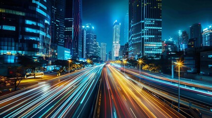 Naklejka premium A busy highway with streaks of light from cars driving through the city at dusk.