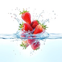 Splash of Red Spring Strawberries in Water on White Background: A Dynamic Fruit Composition for Refreshing Juice Ads and Summertime Beverage Social Media Campaigns
