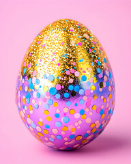 Decorative egg with gold glitter and colorful dots on a pink background