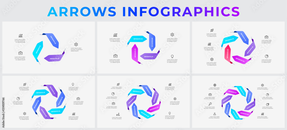 Poster circular arrow infographic templates showcasing data flow, steps, and business process cycles, suita