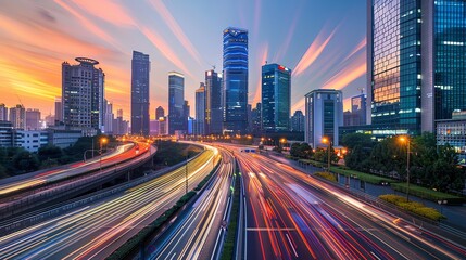 Obraz premium A busy highway with streaks of light from cars driving through the city at dusk.