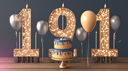 101st birthday cake with lit candles and balloons.