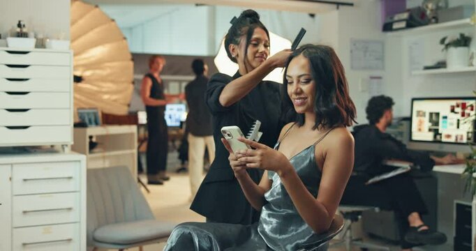 Phone, hair or artist with woman backstage for production, photoshoot preparation or text. Beauty, cosmetics or model on set with stylist for haircare texture, creative or happy hairdresser in studio