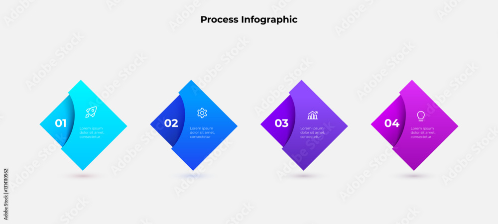 Aufkleber Creative infographic showcasing numbered steps with gradient shaded diamond shapes and icons on a clean background, ideal for process visualizations and data presentations
