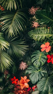Lush Tropical Foliage with Vibrant Red and Pink Flowers in Nature
