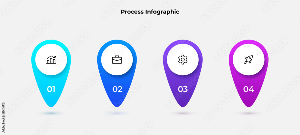 Aufkleber Graphic representation of a process in a labeled 4 step format using bright shapes and icons