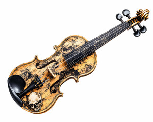 Obraz premium Distressed golden violin with skull detail against a white background