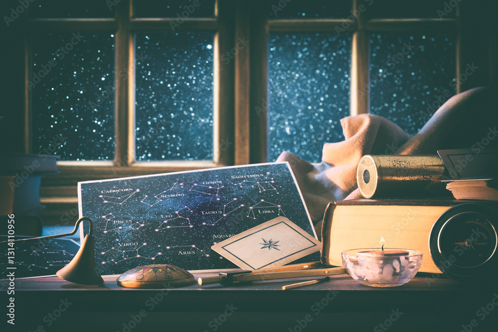Wall mural astrological background with vintage objects and window with universe