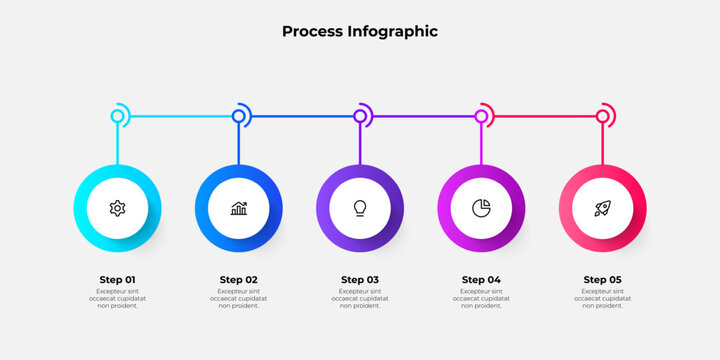 Five step process infographic featuring interconnected circular designs and relevant icons. Useful for visually representing workflows, business processes, and sequential data categories