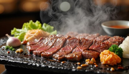 A close-up of sizzling Korean BBQ, with thinly sliced marinated beef (bulgogi) grilling on a black iron plate, smoke rising, and a side of fresh lettuce leaves, garlic slices