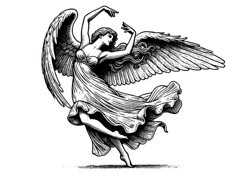 graceful angel with large feathered wings, dancing elegantly in a flowing dress, drawn in an engraved, woodcut style sketch engraving generative ai PNG illustration. Scratch board. Black and white.