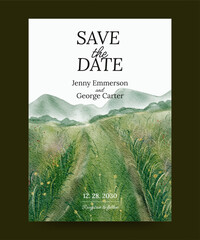 watercolor wedding invitation poster with meadow and nature landscape background illustration
