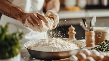 Fototapeta premium Chef Baking Bread Hands Flour Dough Cooking Food Recipe Kitchen