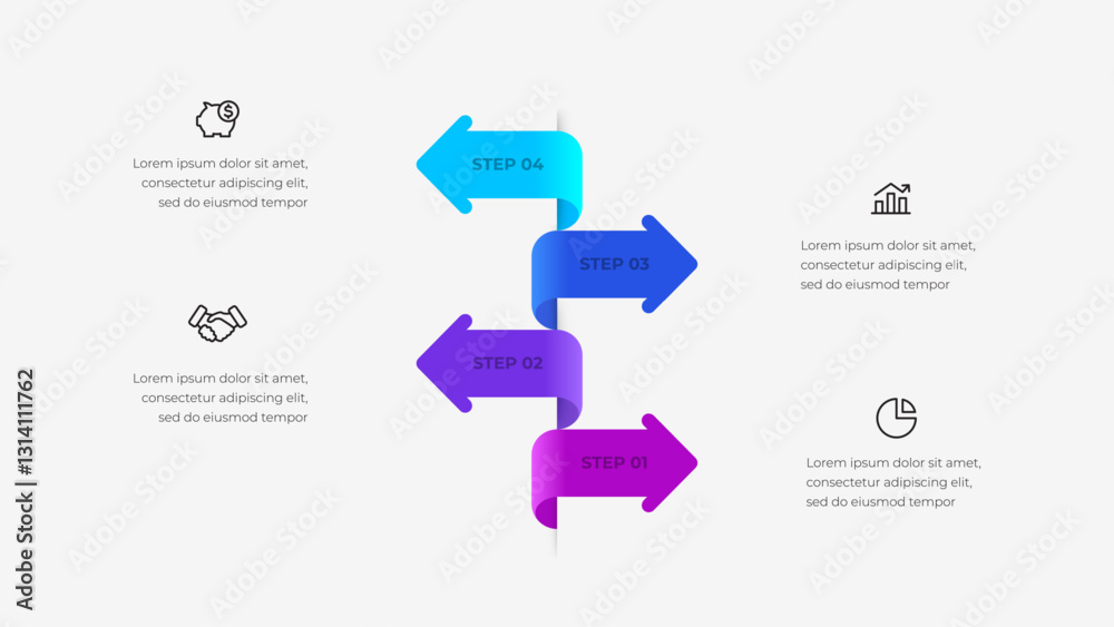 Poster four step infographic design, featuring arrows with vibrant colors and playful icons representing fi