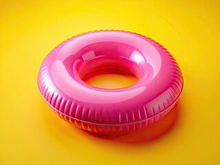 A vibrant pink inflatable ring pops against a sunny yellow backdrop, perfect for summer pool parties and beach vacations.