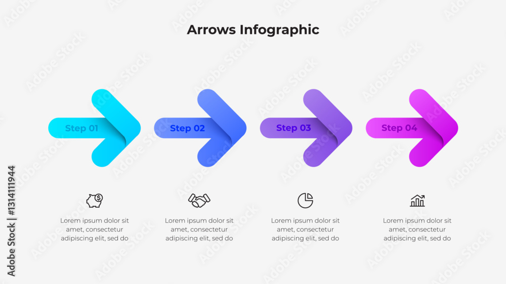 Poster Modern colorful infographic design with gradient arrows illustrating four process steps. Ideal for presentations, business plans, and strategy visualizations