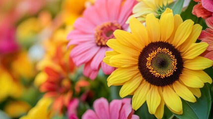 Obraz premium Vibrant Floral Display of Sunflowers and Colorful Blossoms in Garden