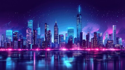 Fototapeta premium Illuminated skyscrapers reflected in the still water at night