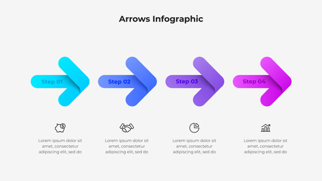 Modern colorful infographic design with gradient arrows illustrating four process steps. Ideal for presentations, business plans, and strategy visualizations