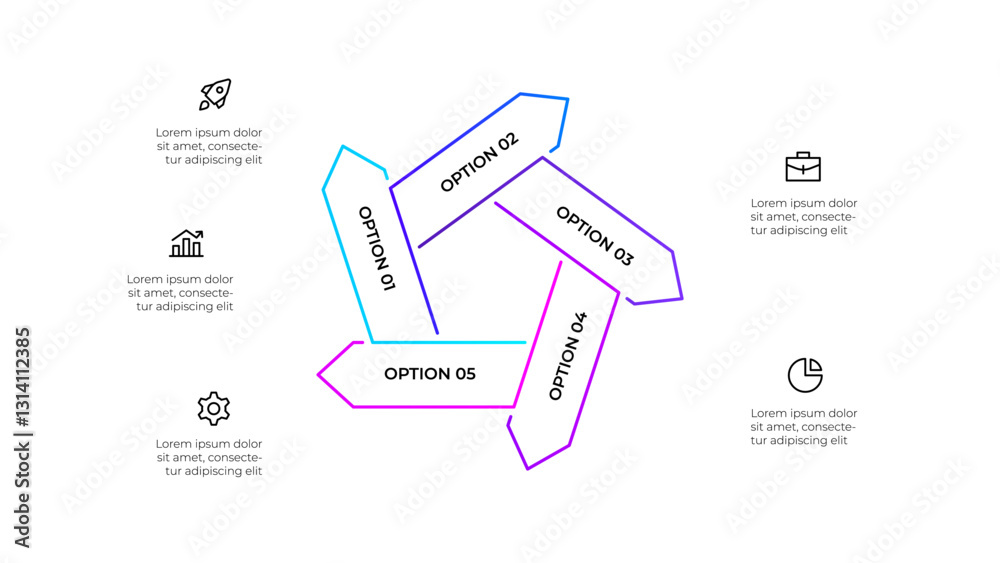 Poster Outline arrows infographic arranged in a circular cascading layout, highlighting 5 options. Ideal for presentations, business strategy visualizations, or educational materials