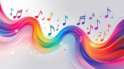 A vibrant, abstract digital artwork featuring a colorful wave of musical notes flowing rainbow dynamically across the image. The style is modern, artistic, and expressive, evoking the feeling of music