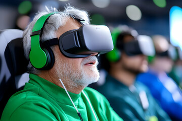 Elderly man using VR headset with vibrant headphones in a busy, high-tech setting