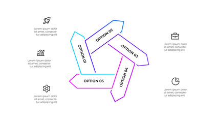 Outline arrows infographic arranged in a circular cascading layout, highlighting 5 options. Ideal for presentations, business strategy visualizations, or educational materials © abert84