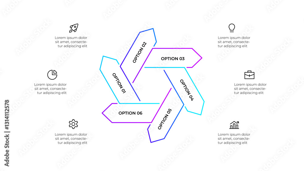 Poster Outline arrows infographic arranged in a circular cascading layout, highlighting 6 options. Ideal for presentations, business strategy visualizations, or educational materials