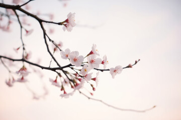 Closeup Cherry Blossom Branch with Soft Pink and White Flowers Under Pastel Sky