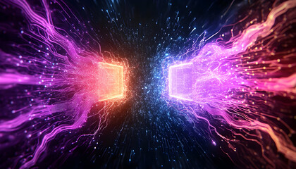 Obraz premium Energy streams from two glowing blocks, connected by a field of blue sparks on a dark backdrop