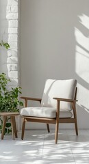Fototapeta premium simple wooden armchair and side table on a minimalist light interior design