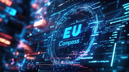 Futuristic EU Compass Data Visualization with Digital Network