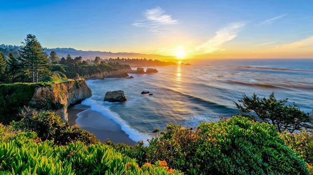 Breathtaking coastal view at sunset, showcasing vibrant colors in the sky and waves crashing against the rocky shore.