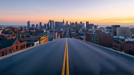 Obraz premium Empty Road Leading To Illuminated New York City Skyline At Sunset With Orange And Blue Sky