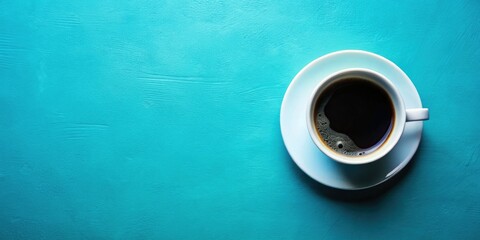 Obraz premium Close-up view: a vintage coffee cup, brimming with black coffee, sits against a blue backdrop. Retro style.