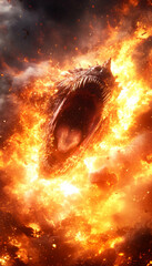 Fiery creature with open mouth engulfed in flames, teeth and tongue visible