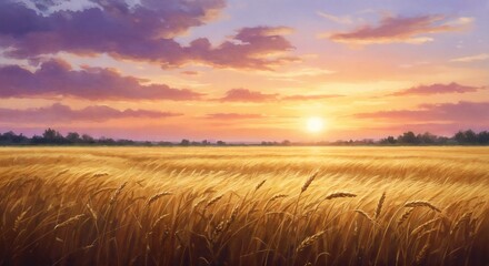 Fototapeta premium Golden wheat field at sunset with peace.